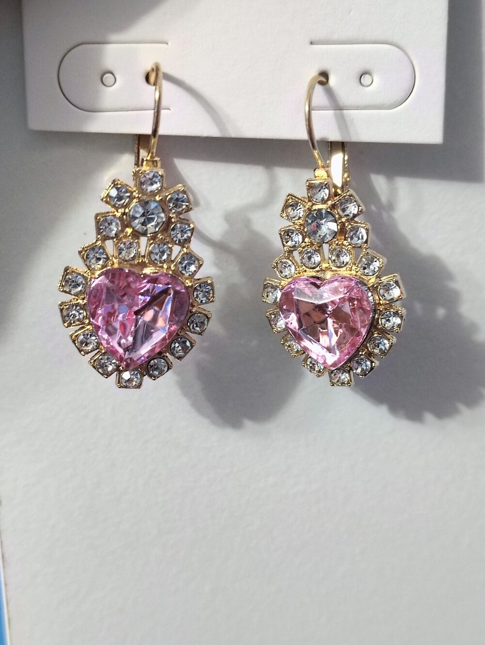 Pink Heart Crystal Drop Earrings NWOT